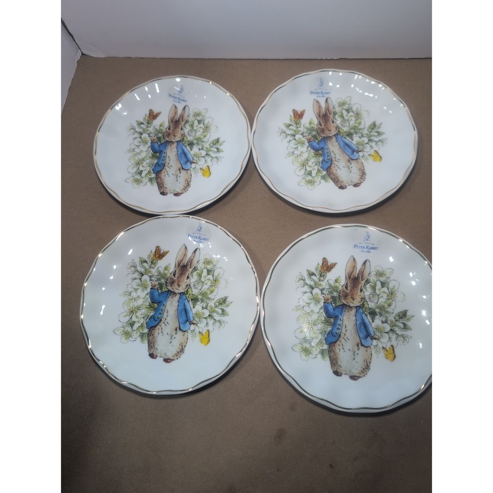 Peter Rabbit Garden Gold Wavy Edge 8" Salad Plates BEATRIX POTTER Set Of 4